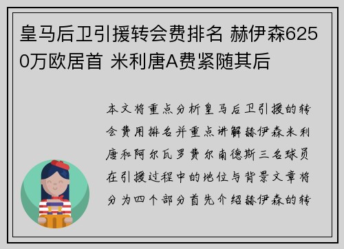 皇马后卫引援转会费排名 赫伊森6250万欧居首 米利唐A费紧随其后