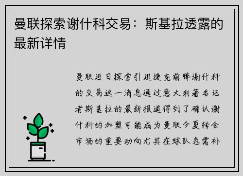 曼联探索谢什科交易：斯基拉透露的最新详情