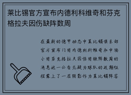 莱比锡官方宣布内德利科维奇和芬克格拉夫因伤缺阵数周